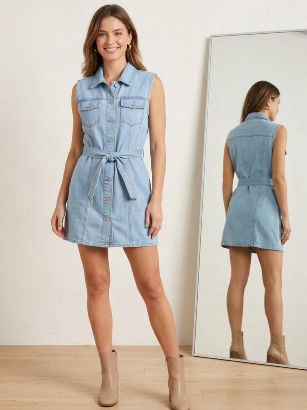 Sincerely Jules Denim Shirtdress Light Wash Cotton Tie Waist Mini